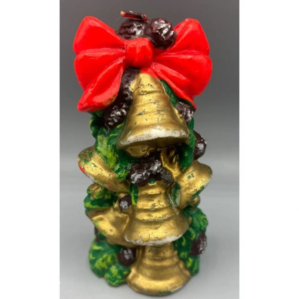 Vtg Christmas Wax Candle Gold Bells with Red Bow‎ & Greenery